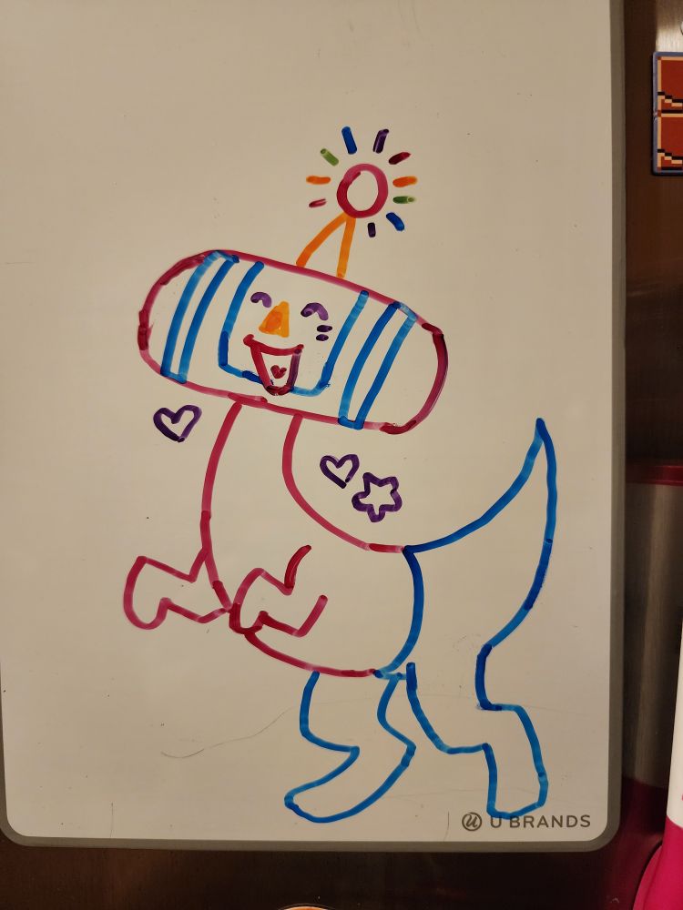 A colorful whiteboard drawing of beyond from katamari damacy