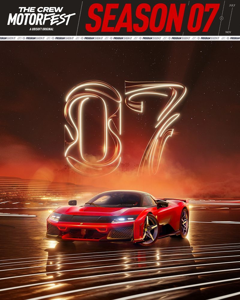 A stylized promotional image for "The Crew Motorfest: Season 07," featuring a sleek, red sports car with glowing accents parked on a futuristic track at sunset. Behind it, large, illuminated numbers “07” float in the air with a glowing effect. 