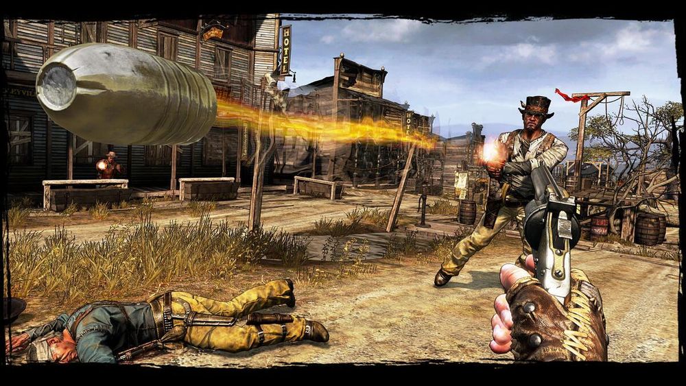 A stylized action screenshot from the video game Call of Juarez: Gunslinger, showing a slow-motion bullet flying toward a gunslinger in a dusty Wild West town, with another man lying lifeless on the ground during a tense shootout.