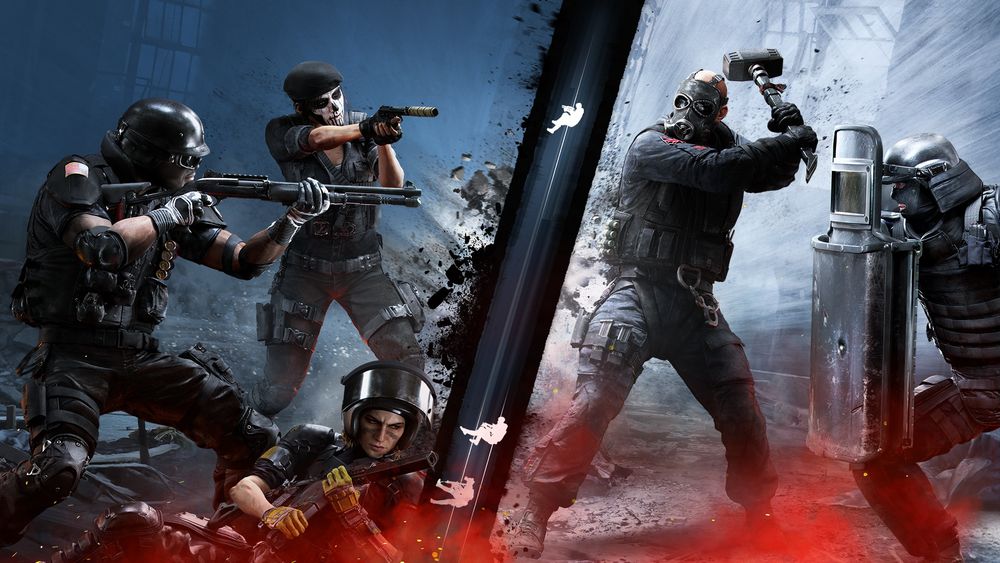 Promotional artwork from Rainbow Six Siege X featuring operators from opposing teams preparing for battle; the left side shows attackers in tactical gear with firearms, while the right side shows defenders, including one wielding a sledgehammer and another with a ballistic shield, separated by a diagonal split with stylized action silhouettes.