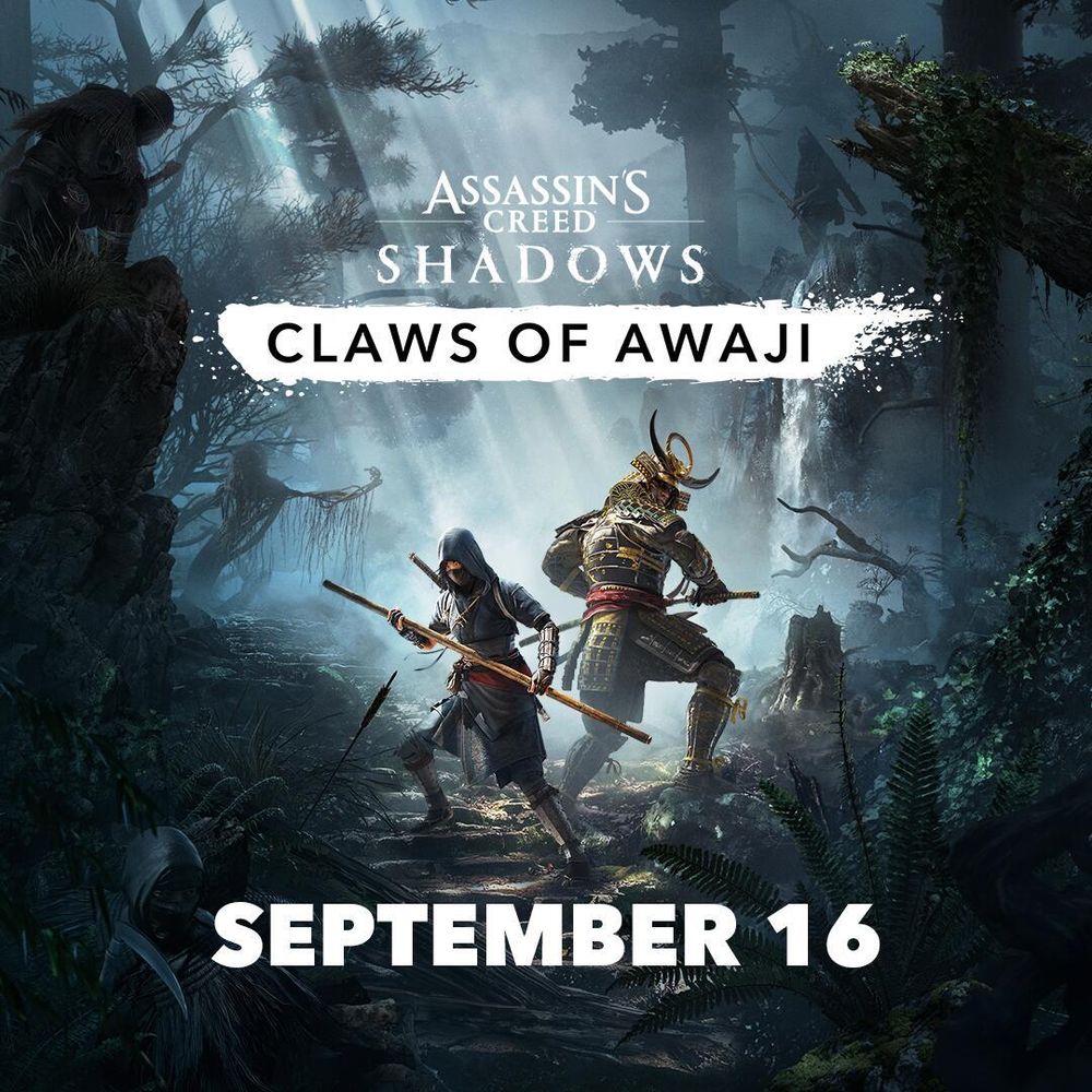 Promotional artwork for "Assassin's Creed Shadows: Claws of Awaji," featuring Naoe and Yasuke, standing ready for battle in a misty, overgrown forest. A hidden assassin crouches on a rock above them, and the release date "September 16" is displayed prominently below.