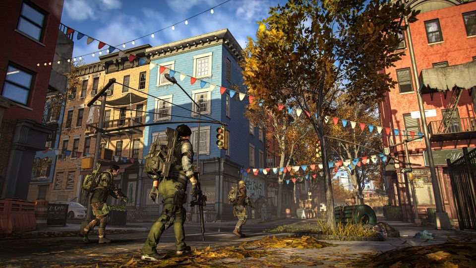 Three heavily armed soldiers walk through a decorated, autumn-lit Brooklyn street.