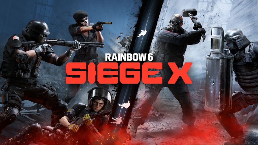 Promotional artwork from Rainbow Six Siege X featuring operators from opposing teams preparing for battle; the left side shows attackers in tactical gear with firearms, while the right side shows defenders, including one wielding a sledgehammer and another with a ballistic shield, separated by a diagonal split with stylized action silhouettes.
