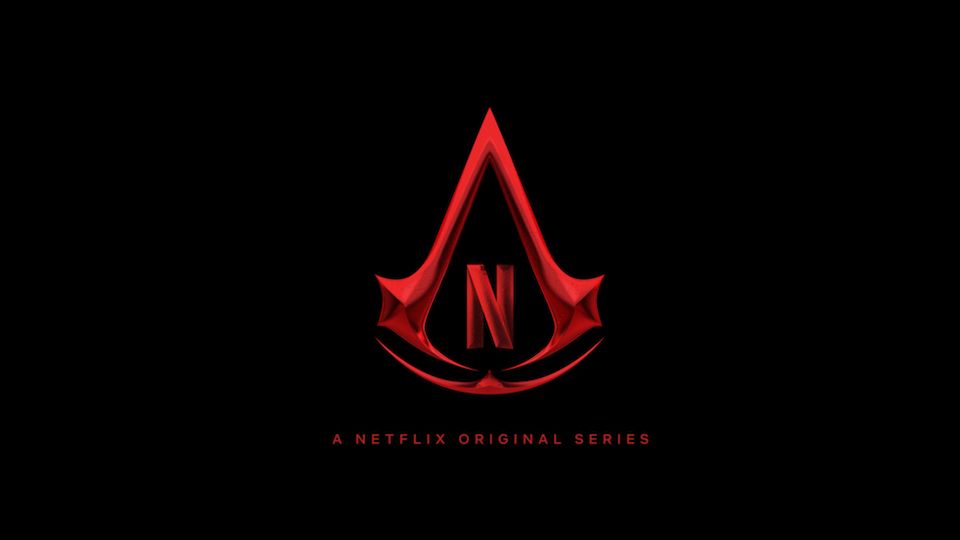 Red Assassin's Creed logo stylized with the red "N" from Netflix at its center, set against a black background. Below the symbol, red text reads, "A Netflix Original Series."