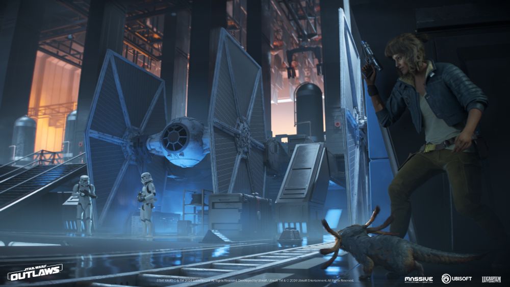 Kay Vess hides with her blaster drawn, preparing to strike as stormtroopers patrol near a massive TIE fighter. At her feet, the creature Nix stays low and alert.
