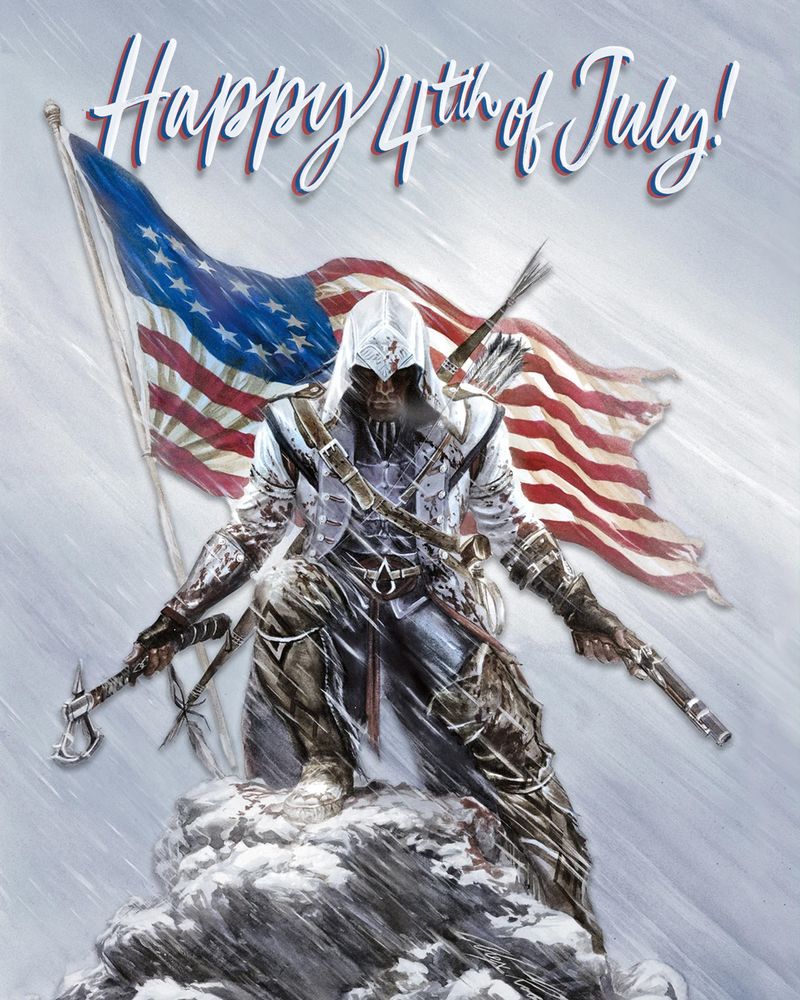 A stylized illustration of Ratonhnhaké:ton from Assassin's Creed 3, holding a tomahawk in one hand and a flintlock pistol in the other, standing atop a snowy cliff. Behind him waves a worn American flag, and above, the text reads “Happy 4th of July!” in bold, cursive script. Snow and wind swirl dramatically around the scene.