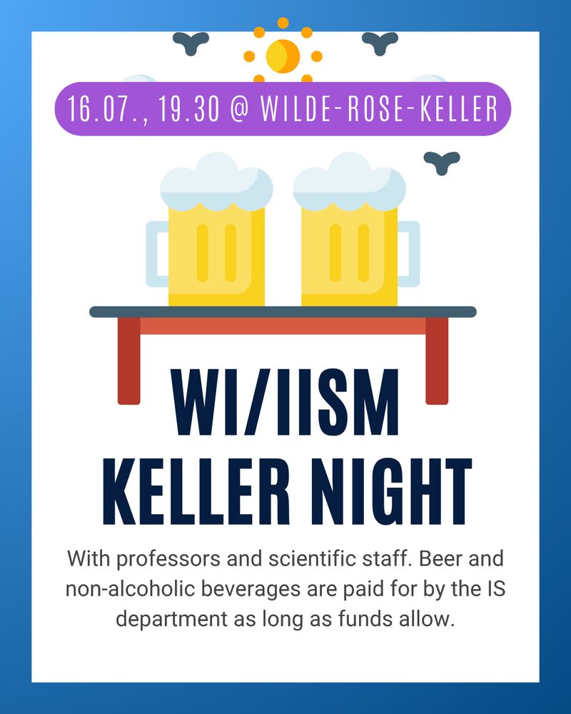 Two full glasses of beer stand on a beer bench. In the background, birds fly towards the sun. In front of it the text of the post.