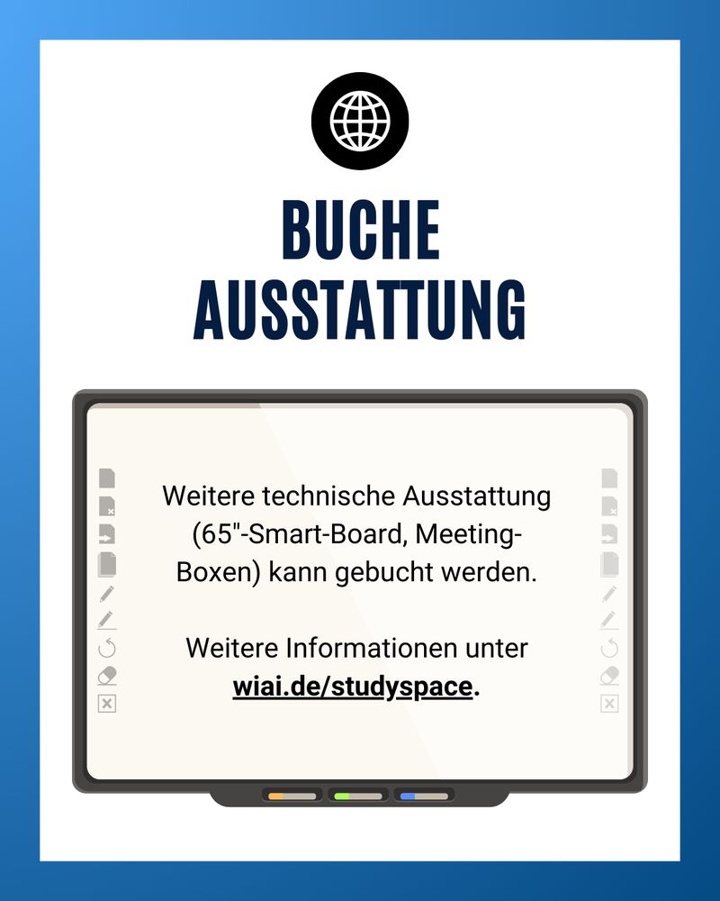 Infografik: Buche Ausstattung. Weitere technische Ausstattung (65″-Smart-Board, Meeting-Boxen) kann gebucht werden. Weitere Informationen unter wiai.de/studyspace.