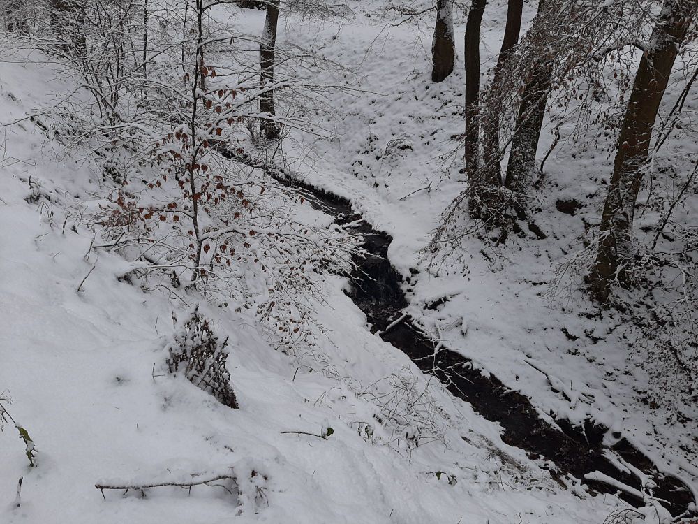 Bachlauf durch ein verschneites Tal.