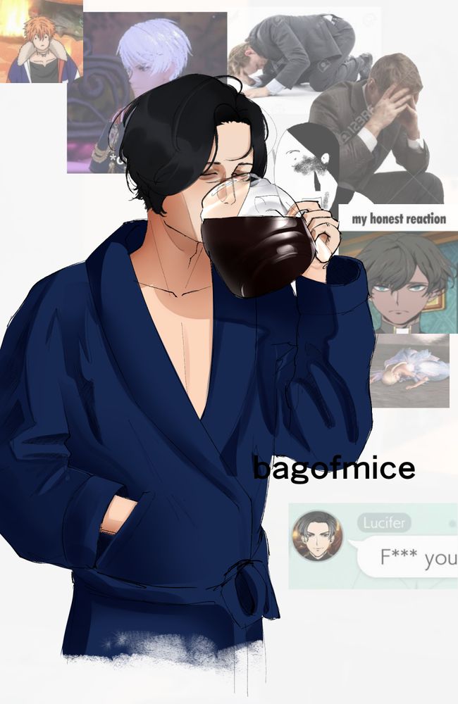 Lucifer, a character from the "Obey me! Shall we date?" franchise, is drinking coffe straight out of a coffe pot. He's wearing a dark blue bathrobe, and has a hand in its pocket. A few memes and stock images of buisnessmen crying are shown in the background.