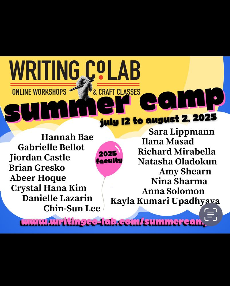 flyer announcing a literary summer camp featuring multiple authors, with online panels and classes