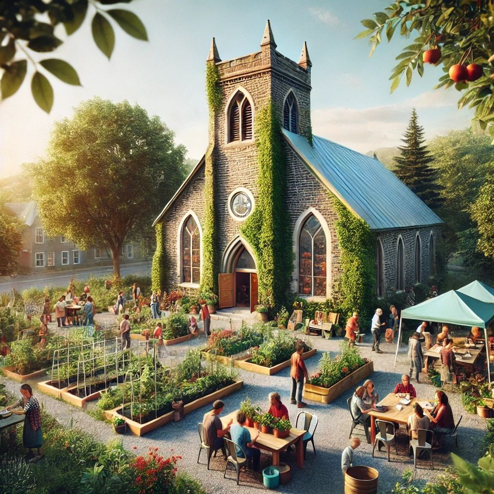 An old stone church repurposed into a vibrant community education hub, surrounded by greenery. People of diverse ages are engaged in sustainable activities, including gardening, group discussions, and workshops, with a sign reading 'Community Education Hub.' The scene is warm and hopeful, with natural lighting and a clear sky.
