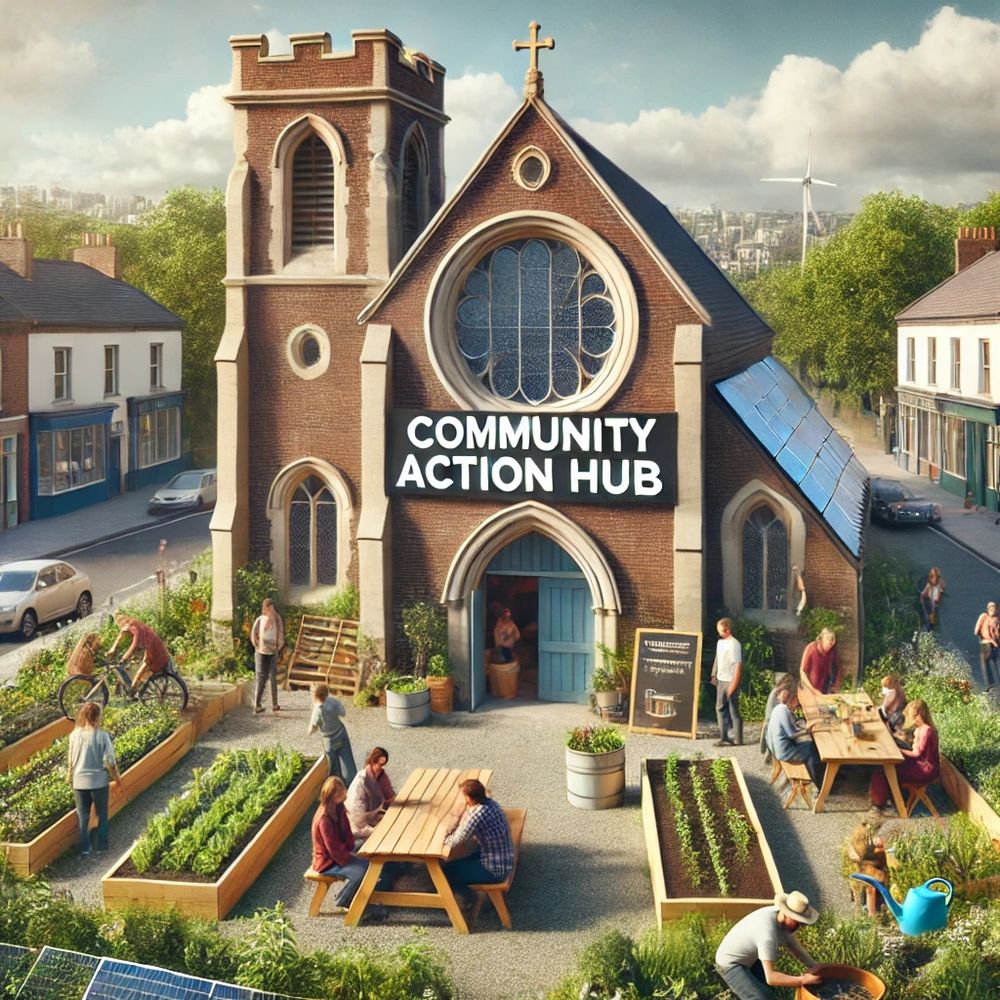 A colour, AI generated image of a repurposed stone church transformed into a vibrant community action hub. The church has a welcoming sign reading 'Community Action Hub.' People are seen gardening, discussing renewable energy, and learning sustainability skills outside, creating an atmosphere of hope and collaboration.
