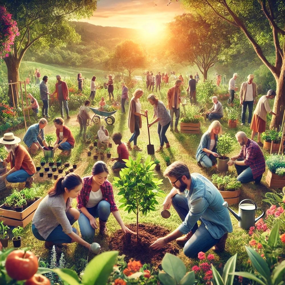 A diverse group of people gathered outdoors, planting trees and sowing seeds. The lush greenery and blooming flowers around them symbolise connection to nature. The warm atmosphere and sunset in the background evoke a sense of hope, community, and action for the Earth.