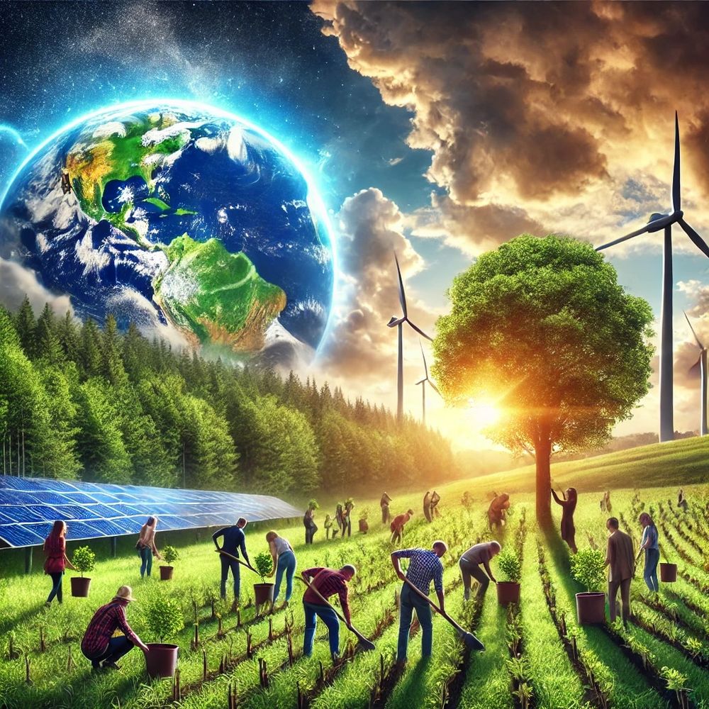 An AI generated image of a diverse group of people planting trees in a lush green field under a bright, hopeful sky. In the background, solar panels and wind turbines emphasize sustainable living. The scene conveys unity, action, and a shared vision for a sustainable future.