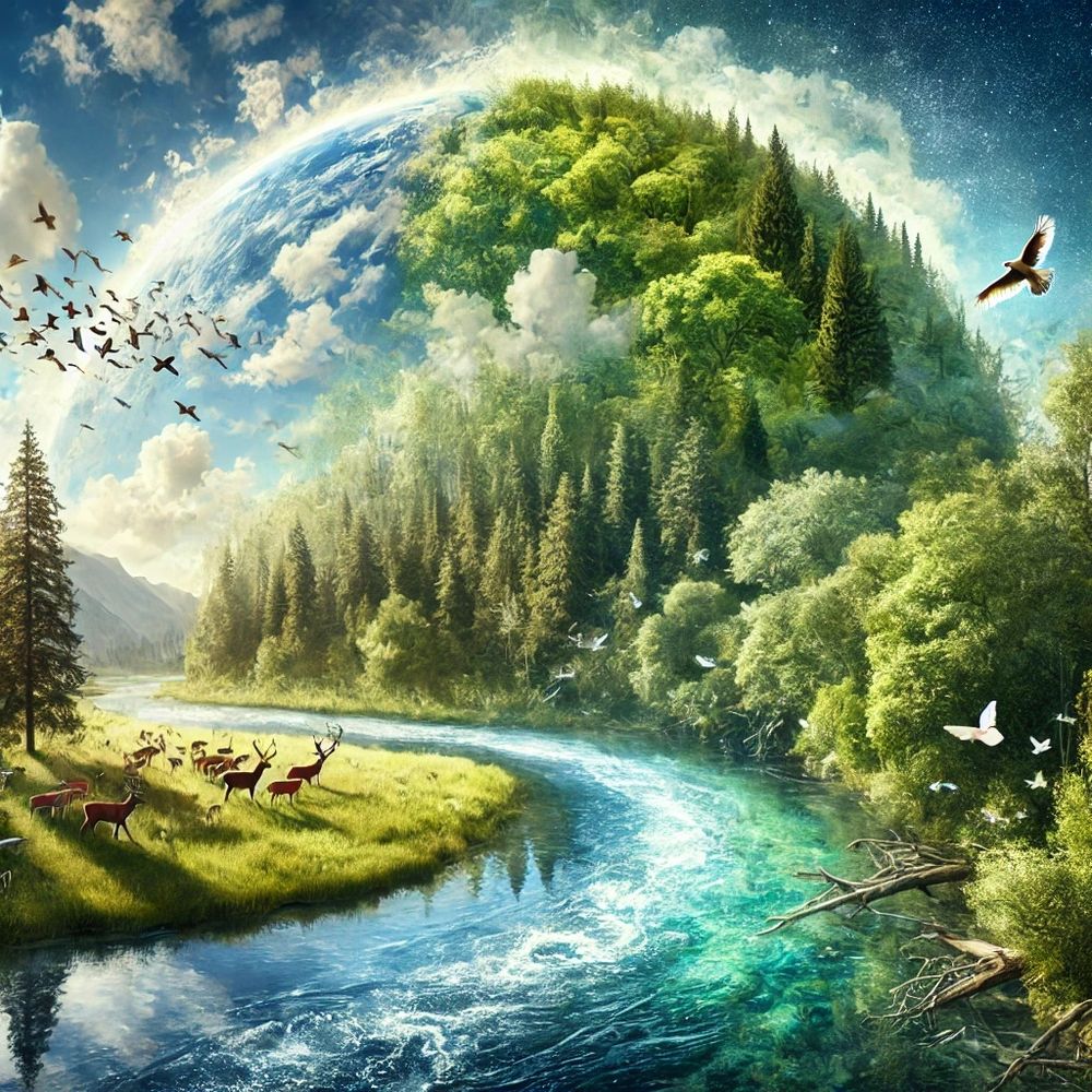A serene, high-definition landscape symbolizing interconnectedness and harmony. A forest meets a river under a bright sky, with birds and deer visible in the distance. The scene is tranquil and inspiring, reflecting balance in nature.