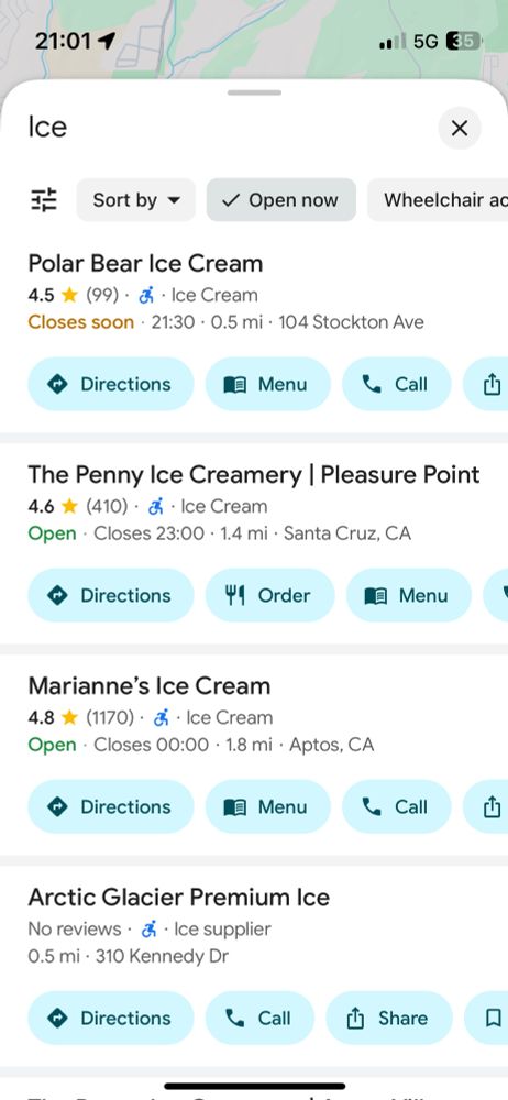 A Google Maps results list for “Ice” and “Open now” that has only ice cream retailers or closed ice wholesalers.
