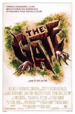 The Gate movie poster. A demon crawls out of a hole shaped like the title
