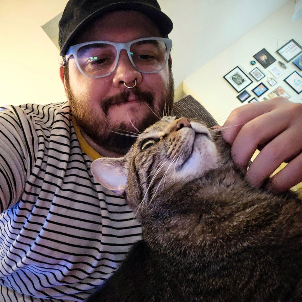 Bearded person pets cat