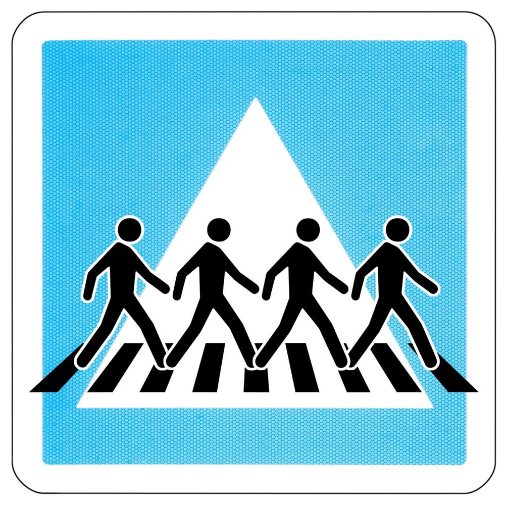 Four outlines of people walking across a zebra crossing, one behind the other, recreating The Beatles iconic Abbey Road image