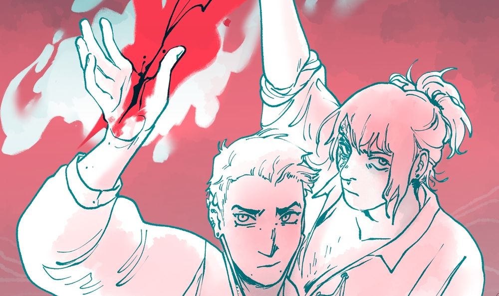 A cropped drawing of Oz and Lalo from The Vow in a limited palette of teal and red. Lalo's hand is slashed open and bleeding, and both their expressions are intense.