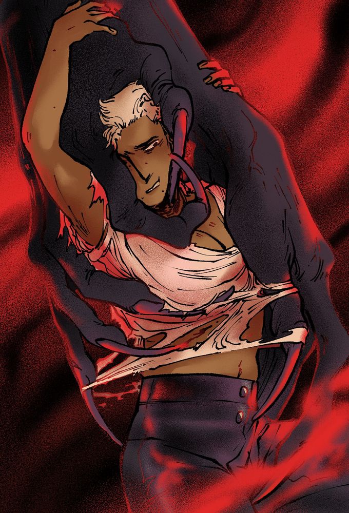 A drawing of Lalo ( a character from The Vow) being grabbed and groped by two gigantic monster hands. The long nails of the hand shred their shirt, baring their midriff and cleavage. 