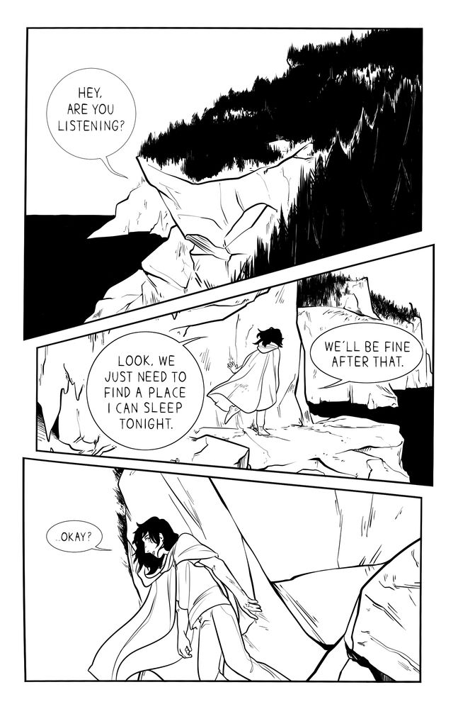 A comic page in which a young man travels alone along a cliff face, speaking aloud to apparently no one about needing to find a place to stay the night.