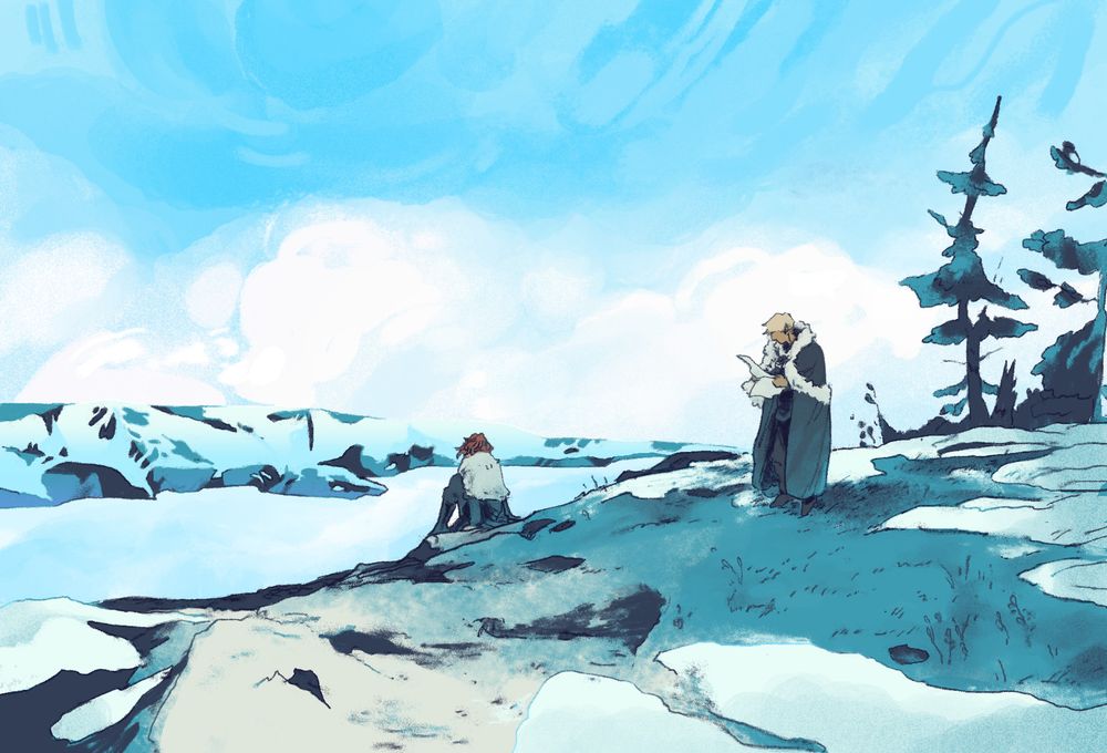 A drawing of two figures resting briefly in a glacial, wind-swept landscape. One is sitting down gazing over a frozen lake at the shore across them, the other checking a map.