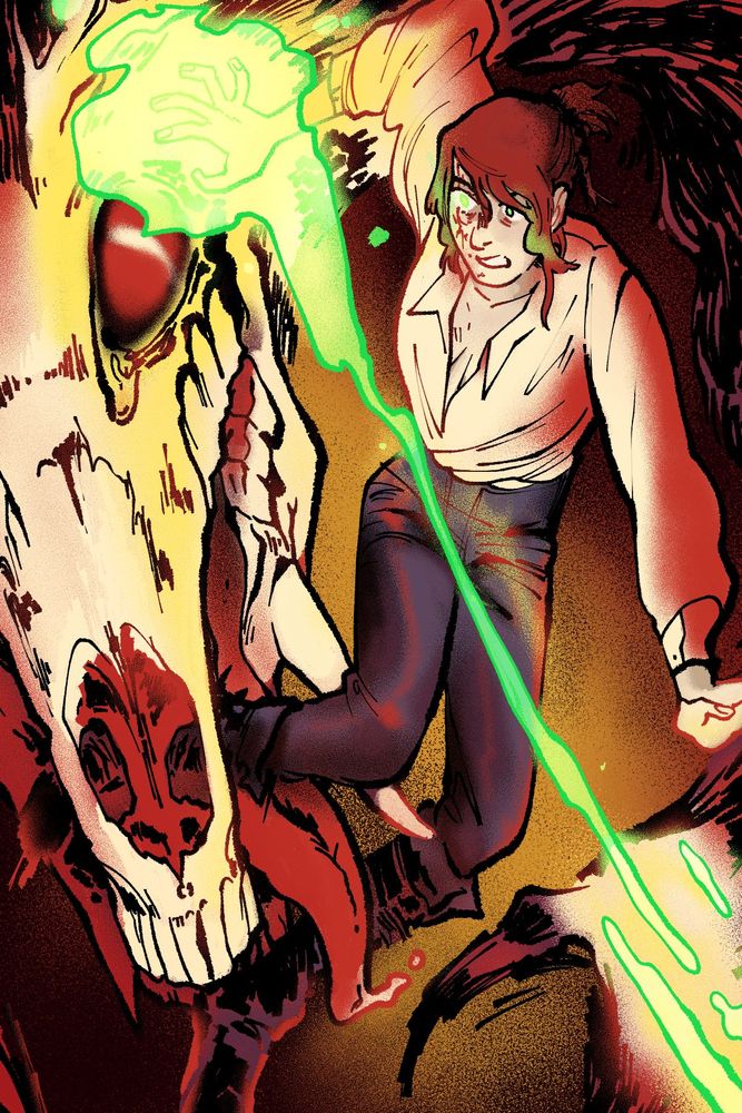 A drawing of Oz from The Vow fighting off a large skull-headed monster. Green magic roils around their hands, and the monster has one of their legs in its mouth.