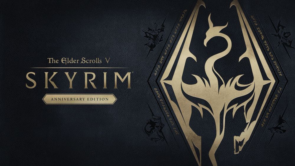 The image features a black background with a textured appearance, reminiscent of leather. On the left side, the text "The Elder Scrolls V" is written in a stylized, gold font above the larger word "SKYRIM."

Below, "Anniversary Edition" is enclosed within a gold banner. On the right side of the image, there is a prominent, stylized dragon emblem within a vertical, elongated diamond shape. The dragon is designed in gold with intricate, flowing lines. Around the emblem, there are additional elements like runes or designs incorporated into the background.