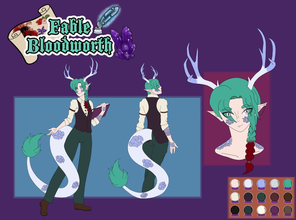 A digital illustration showcasing a character design, "Fable Bloodworth."  The character is a humanoid with deer antlers,  green hair, and long, serpentine tails of a light grayish-white color.  The tails have a repeating pattern of small, light purple/lavender flowers.

The character is wearing a dark burgundy/maroon vest over a light gray/khaki button-up shirt and dark pants. The character's skin is light beige, with darker markings along the face and tail.  They have pointed ears, and their eyes are a dark, rich color.

The character is presented in a three-quarter view, with a profile view in a separate box, along with a complete set of colour palettes for the illustration.  The background is a dark purplish-gray.


A title banner with the character's name, "Fable Bloodworth", is prominently displayed on the top left.  Above this banner is curling parchment paper-like design with blood-red stains. A pen and inkwell-like image, and a cluster of crystals are on top right.

The image style is pixel-based and flat, typical of digital character sheets or reference sheets.