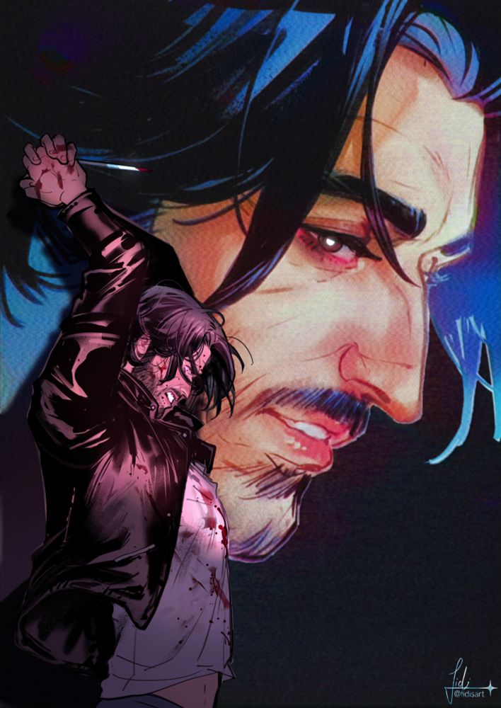 Redraw of the famous "Perfect Blue" poster, but with my OC Alan.
He's raising a knife above his head, caught in the act of stabbing someone offscreen. His clothes are drenched in blood, his face wild and murderous, in contrast to the other Alan in the background, who's looking placid but with a sinister glimmer in his eye.