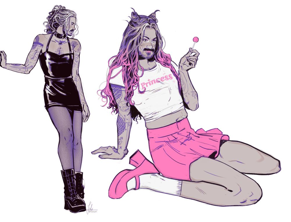 Art of Ed Teach in modern clothing: on the left he's wearing a little black dress, a chocker and dr martens boots. His hair is halfup, like the iconic s2 look.
On the right he's wearing a crop t-shirt with "PRINCESS" written on it, a pink sailor skirt and pink platform shoes with white socks.
He's wearing cute space buns.