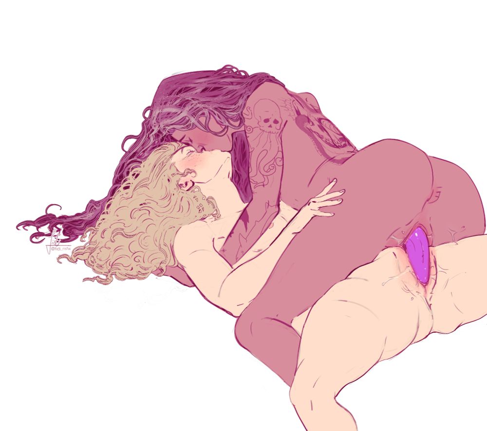 Lesbian Ed and Stede going at it with a double, purple dildo. Ed is straddling Stede and they are kissing passionately, hair everywhere.