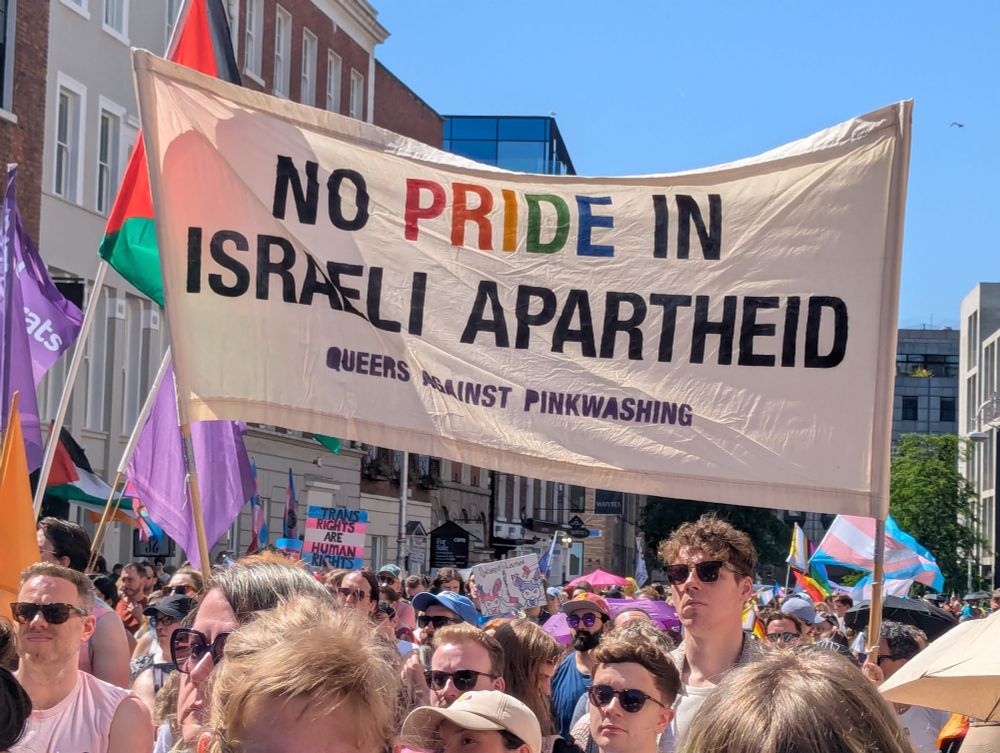 This photo is of a banner saying no pride in Israeli Apartheid, queers against Palestine, the backdrop is a crowd scene from today's trans and intersex pride 