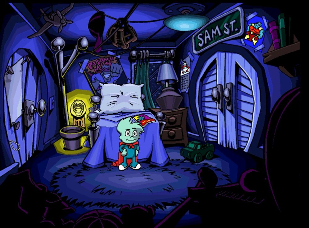 screenshot from pajama sam: no need to hide when it’s dark outside of the titular sam chillin in his room 
