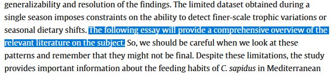 Screenshot from the article text with the highlighted sentence "The following essay will provide a comprehensive overview of the relevant literature on the subject."