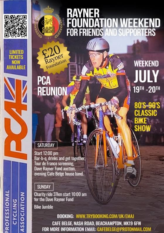 Photo of Dave Rayner on a cobbled urban street racing.

Text includes date and details of what’s on, including BBQ, TdF screening, Foundation auction and house band on the Saturday. On the Sunday there’s a 37 I’m charity ride and a bike jumble. 

Booking details are www.trybooking.com/uk/emaj. Info from cafebelge@protonmail.com