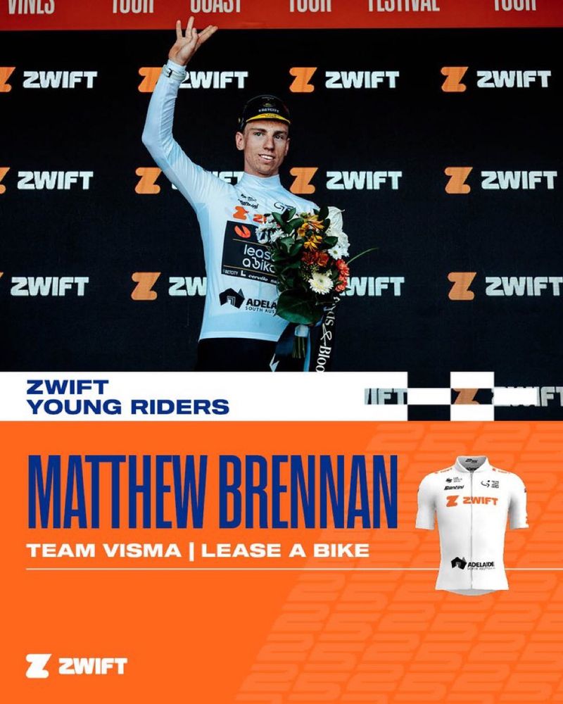 TDU graphic with Matty’s name and his picture on the podium holding a bouquet of flowers and his right arm almost 