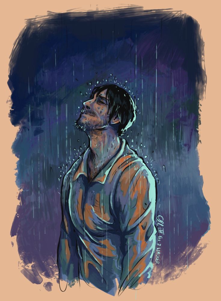 A painted waist-up sketch of jean vicquemare from Disco Elysium, a white man with dark hair, spiky facial hair and small round scars on his cheek and neck. He is standing in the rain with his head tilted to the sky, a look of relief and gratitude on his face. His shirt is clinging to his skin and has orange highlights on it. The rest of the colour scheme uses mostly deep blues and purples.