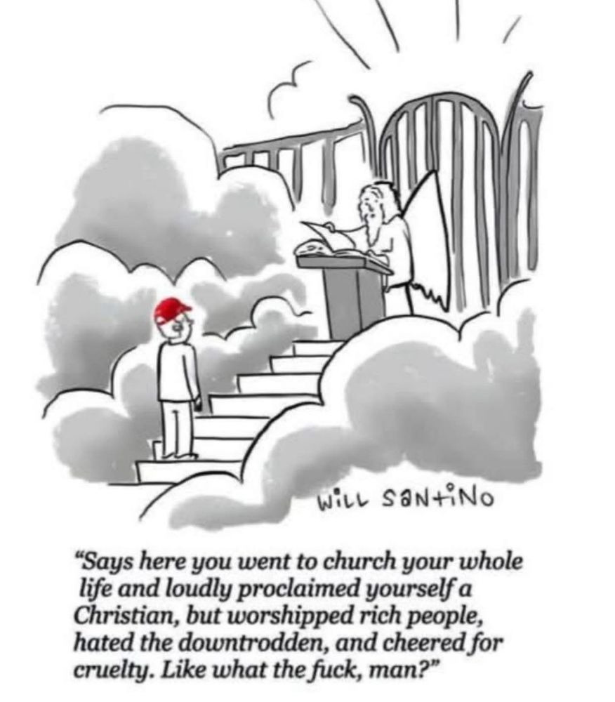 Cartoon about MAGA going to heaven yet St. Peter questions who he worshipped 