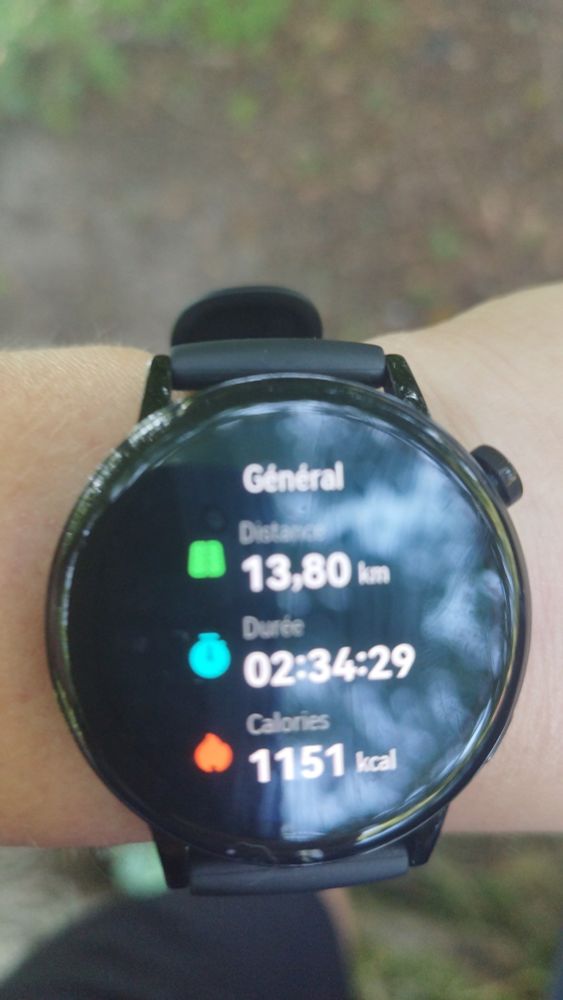 Ma montre qui indique les résultats de mon trail 13km8 et 2h34.
1151Kcal de dépensées.