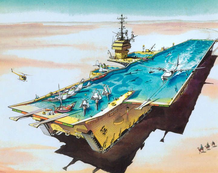 Artwork of an aircraft carrier-like vehicle crossing a desert landscape on gigantic tank treads. The flight deck on top is a concave surface filled with water, in which various seaplanes and flying boats are parked or preparing for takeoff. 