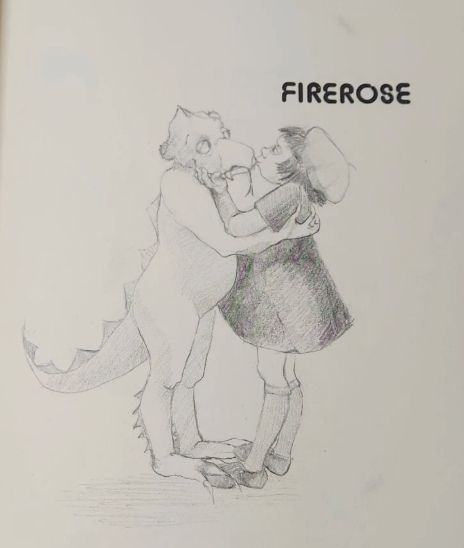 A black-and-white line drawing of a little girl kissing a little dragon on the nose. They are hugging, and the dragon is standing on its hind legs.