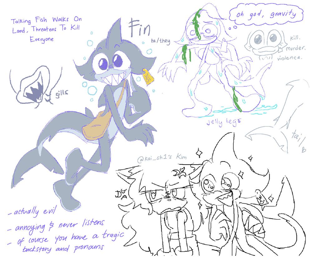 a shark in the style of a sonic character. named fin, pronouns are he/they. he is gray and white, has big round eyes, and has a yellow tag on his left head fin. description: actually evil. annoying & never listens. of course you have a tragic backstory and pronouns