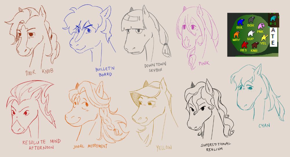 digital art. stylized sketches of all the horses from horse race tests. furry art