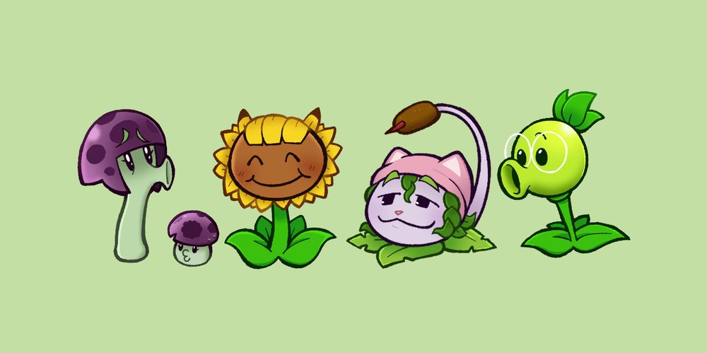 digital drawing of 5 stylized plants from plants vs zombies: scaredy shroom, puff shroom, sunflower, cat-tail, and peashooter