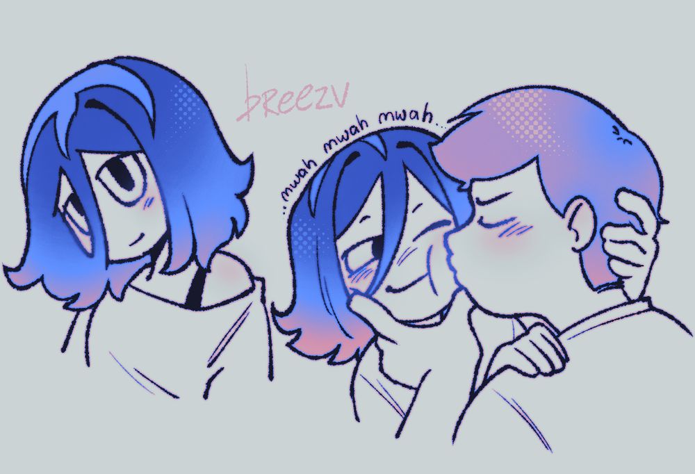 digital art doodles of angel and lee from the game clinical trial. lee is giving angel a smooch on the cheek. clinicaltrialfanart