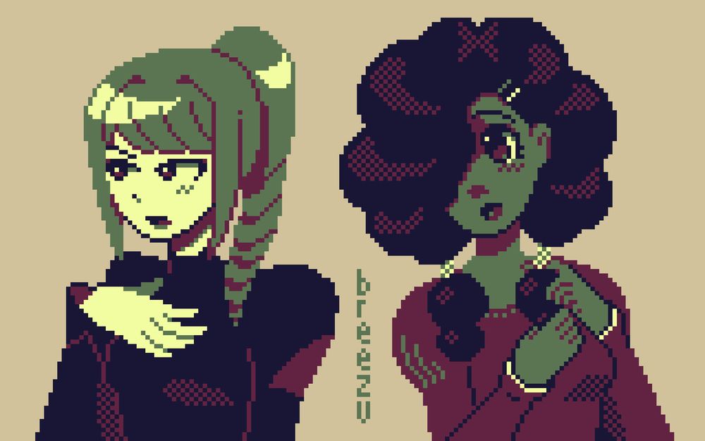 two portraits of two different girls in a pixel art style. one with light hair and a dark dress with a ponytail, another with dark poofy hair and an innocent expression