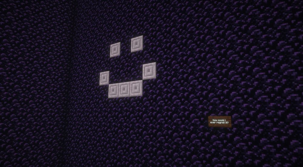 a sign that reads, "how could i ever regret it?" in an obsidian wall defaced  by a smiling emoticon
